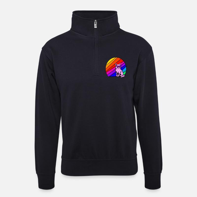 Regenbogenkatze mit Sonnenbrille - Unisex Pullover mit Zip-Kragen - Dunkelnavy