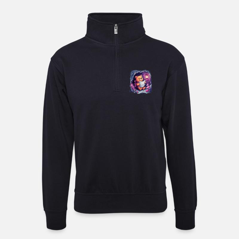 Teddybär auf Entdeckungstour - Unisex Pullover mit Zip-Kragen - Dunkelnavy