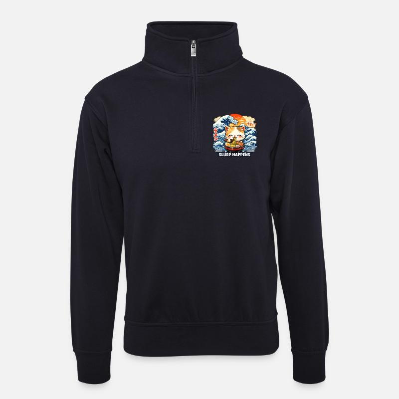Ramen Katze Slurp Happens - Unisex Pullover mit Zip-Kragen - Dunkelnavy
