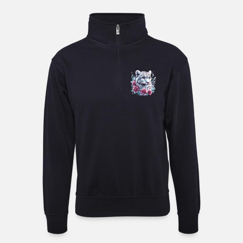 Leopardengesicht mit Blumenkranz - Unisex Pullover mit Zip-Kragen - Dunkelnavy