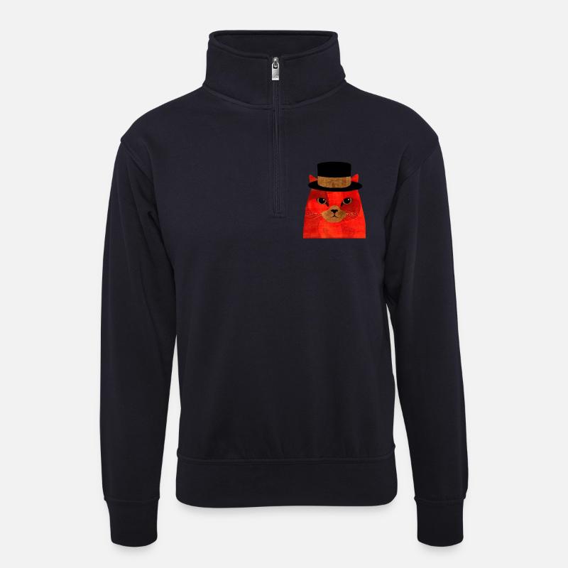 Coole rote Katze mit Zylinder - Unisex Pullover mit Zip-Kragen - Dunkelnavy