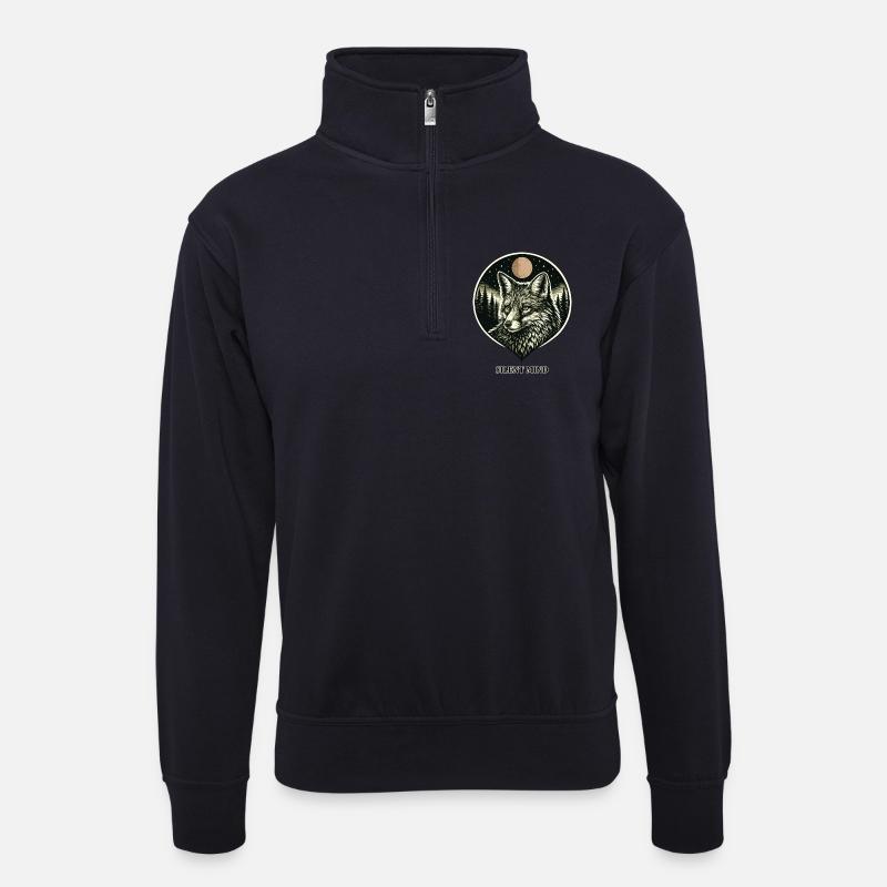 Silent Mind - Fuchs im Woodcut Stil - Unisex Pullover mit Zip-Kragen - Dunkelnavy