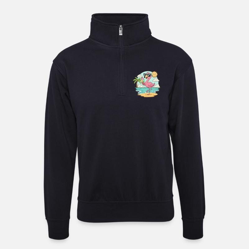 Flamingo am Strand mit Eis & Sonne - Unisex Pullover mit Zip-Kragen - Dunkelnavy