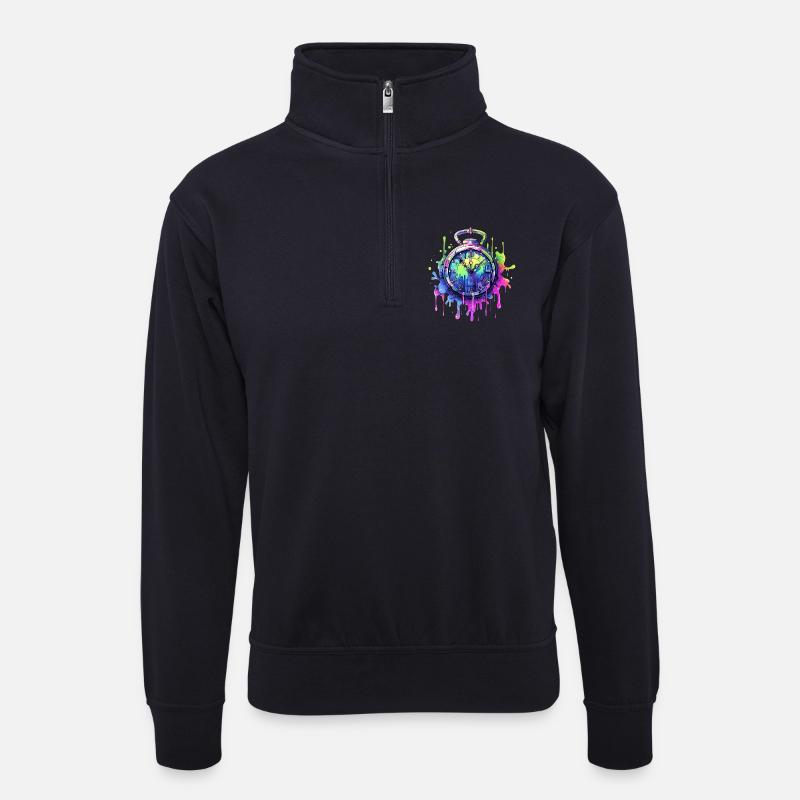 Bunte Uhr mit Farbspritzern - Unisex Pullover mit Zip-Kragen - Dunkelnavy