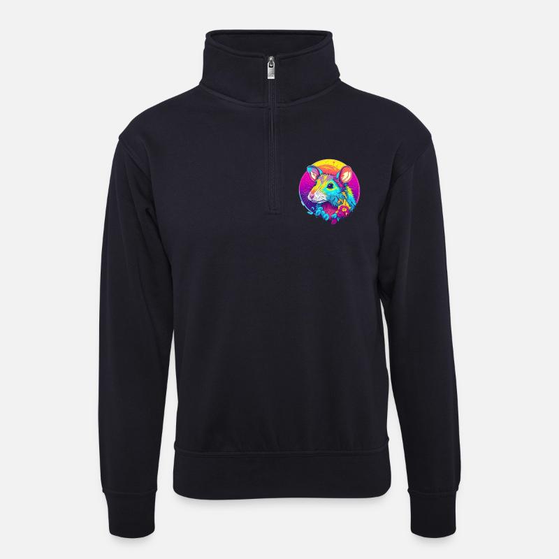 Psychedelische Neonratte mit Blüten - Unisex Pullover mit Zip-Kragen - Dunkelnavy