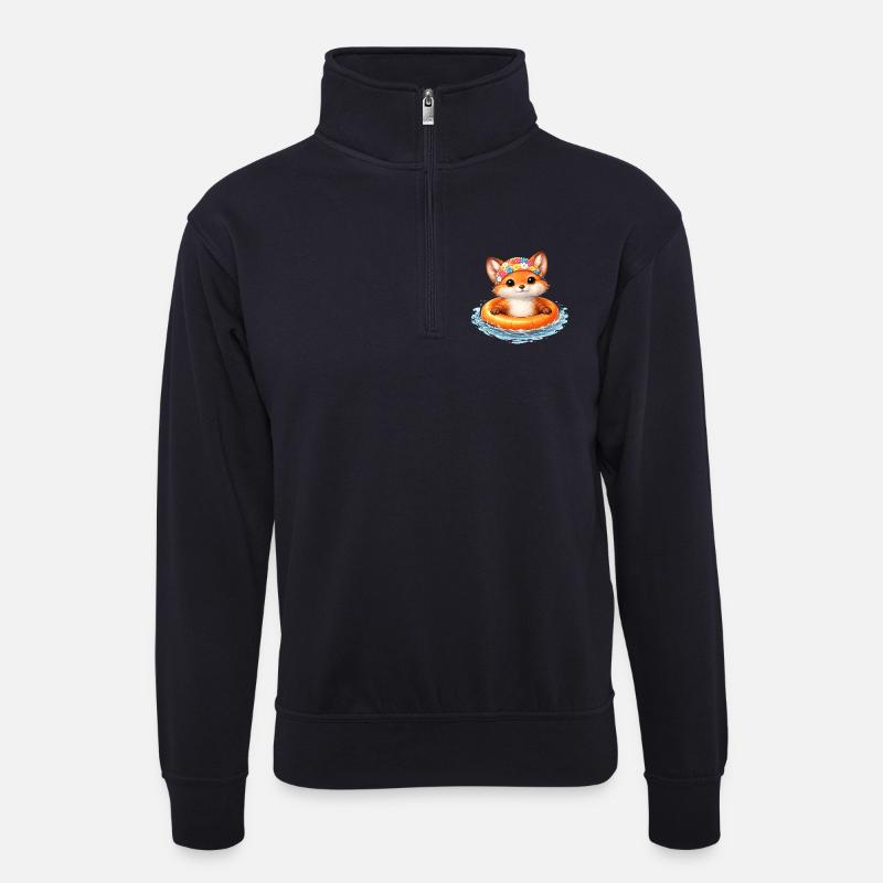 Süßer Fuchs mit Schwimmring  - Unisex Pullover mit Zip-Kragen - Dunkelnavy