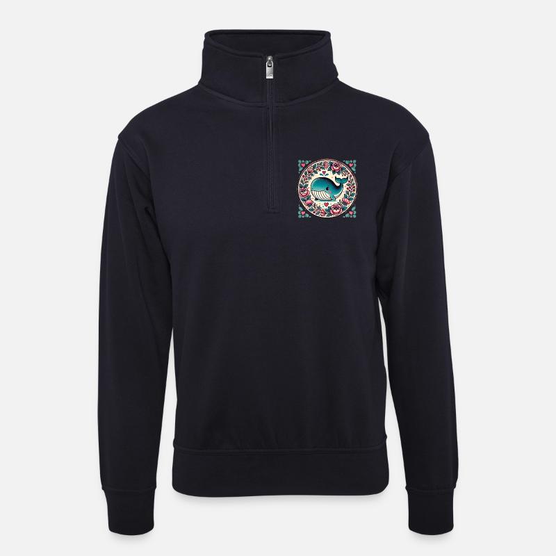 Wal im Floral Circle - Unisex Pullover mit Zip-Kragen - Dunkelnavy