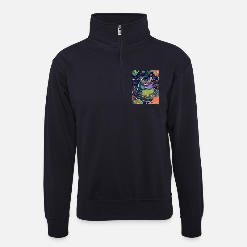 Katze Hippie Weltraum - Unisex Pullover mit Zip-Kragen - Dunkelnavy