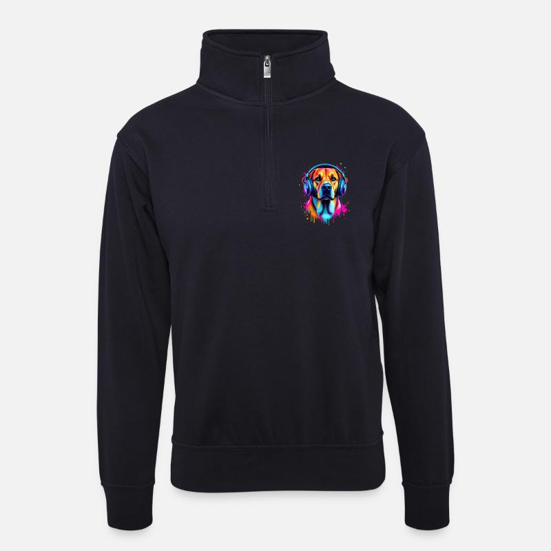 Labrador mit Kopfhörer - Unisex Pullover mit Zip-Kragen - Dunkelnavy