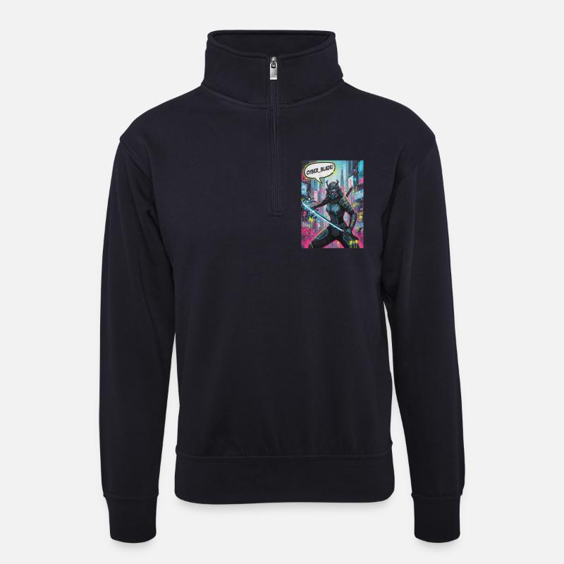 Cyber Samurai Neon Graffiti - Unisex Pullover mit Zip-Kragen - Dunkelnavy