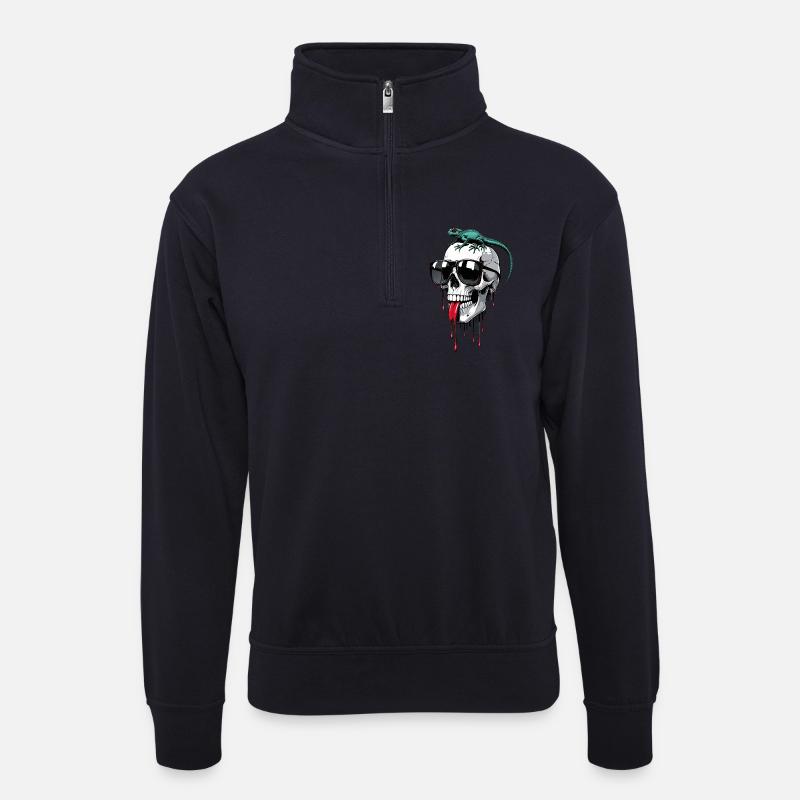 Chilliger Totenkopf mit Echse - Unisex Pullover mit Zip-Kragen - Dunkelnavy