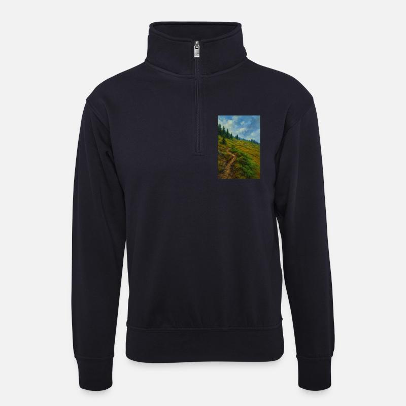 Landschaftliche Bergwanderung in Ölgemälde-Optik - Unisex Pullover mit Zip-Kragen - Dunkelnavy