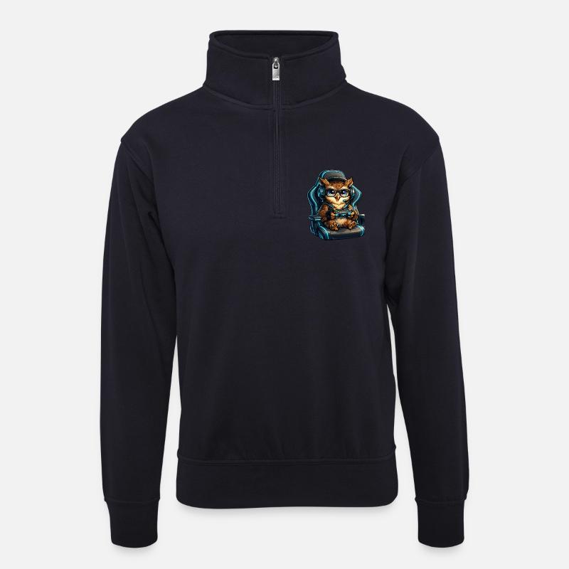 Gamer Eulenheld im Headset - Unisex Pullover mit Zip-Kragen - Dunkelnavy