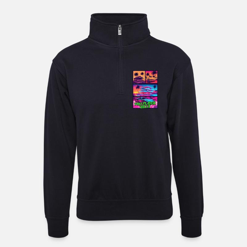 PROFISPIELER VILLA - Neon Synthwave Gaming Art - Unisex Pullover mit Zip-Kragen - Dunkelnavy