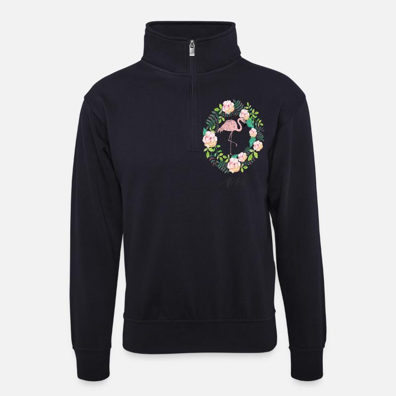 Flamingo - Aloha - Blumenkranz - Unisex Pullover mit Zip-Kragen - Dunkelnavy