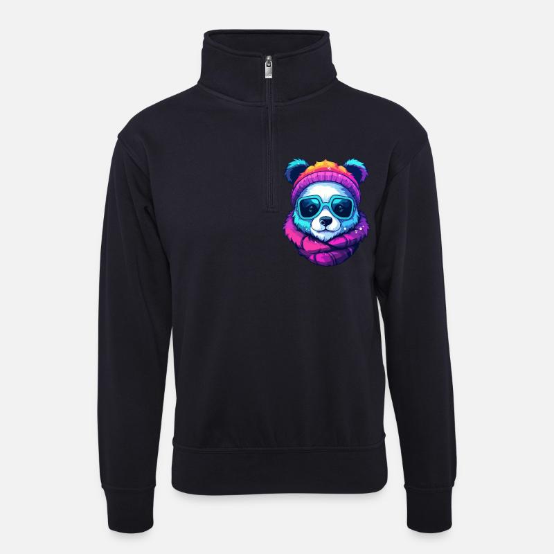Neon-Regenbogenbär-Straßenstil mit Sonnenbrille - Unisex Pullover mit Zip-Kragen - Dunkelnavy