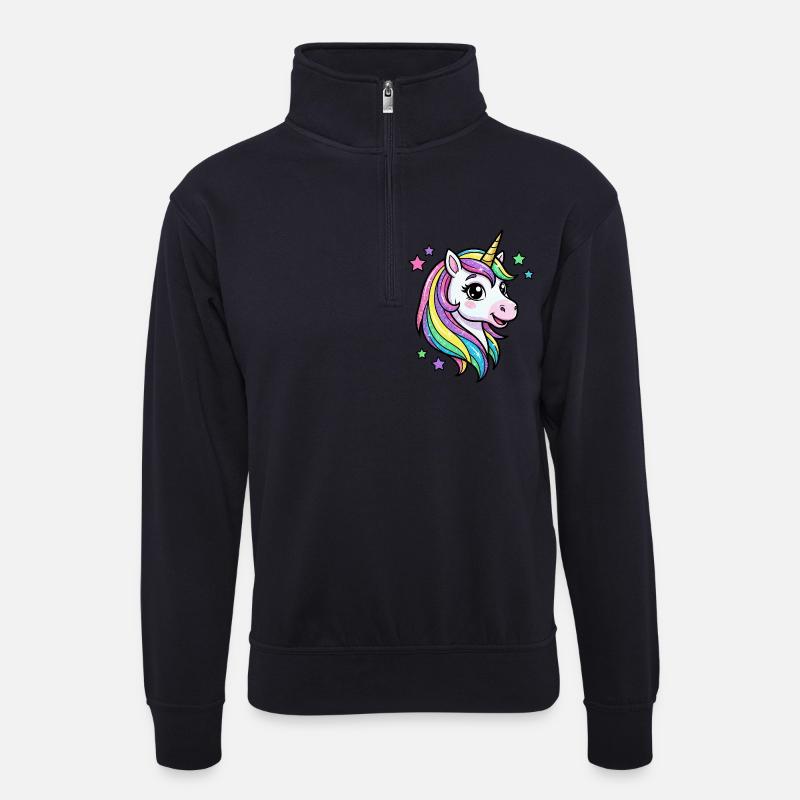 Regenbogen Einhorn Glitzerkopf - Unisex Pullover mit Zip-Kragen - Dunkelnavy