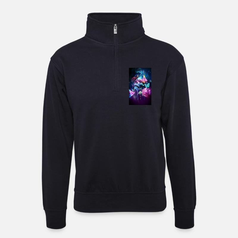 Neon-Schmetterlinge im Blütenflug - Unisex Pullover mit Zip-Kragen - Dunkelnavy