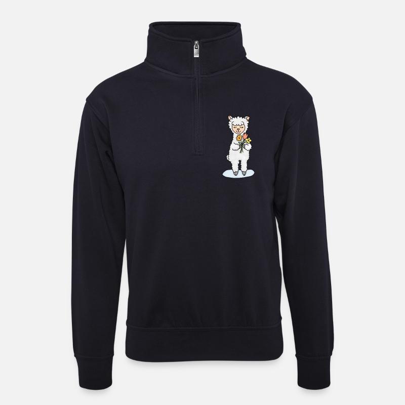 Alpaka mit Blumenstrauß - Unisex Pullover mit Zip-Kragen - Dunkelnavy