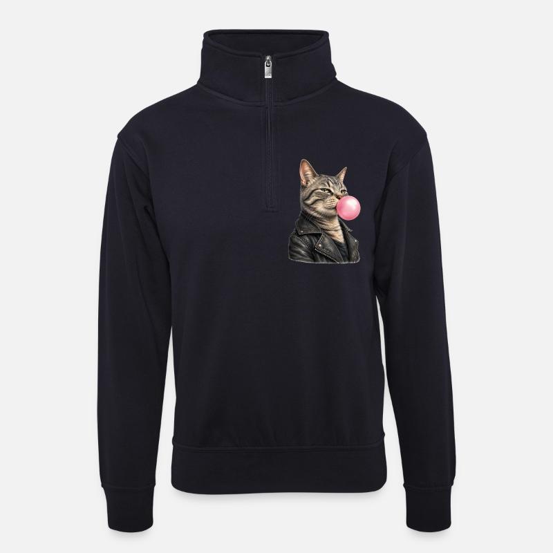 Cool cat with leather jacket - Unisex sweater with zip collar - dark navy