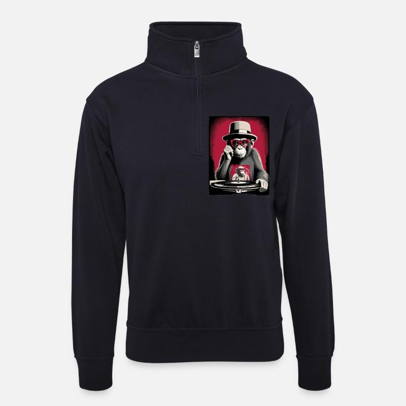 Affen DJ - Unisex Pullover mit Zip-Kragen - Dunkelnavy