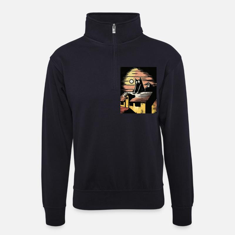 Mondnacht mit schwarzer Katze - Unisex Pullover mit Zip-Kragen - Dunkelnavy