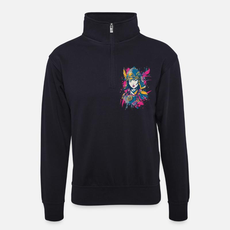 Samurai Kriegerin - Unisex Pullover mit Zip-Kragen - Dunkelnavy