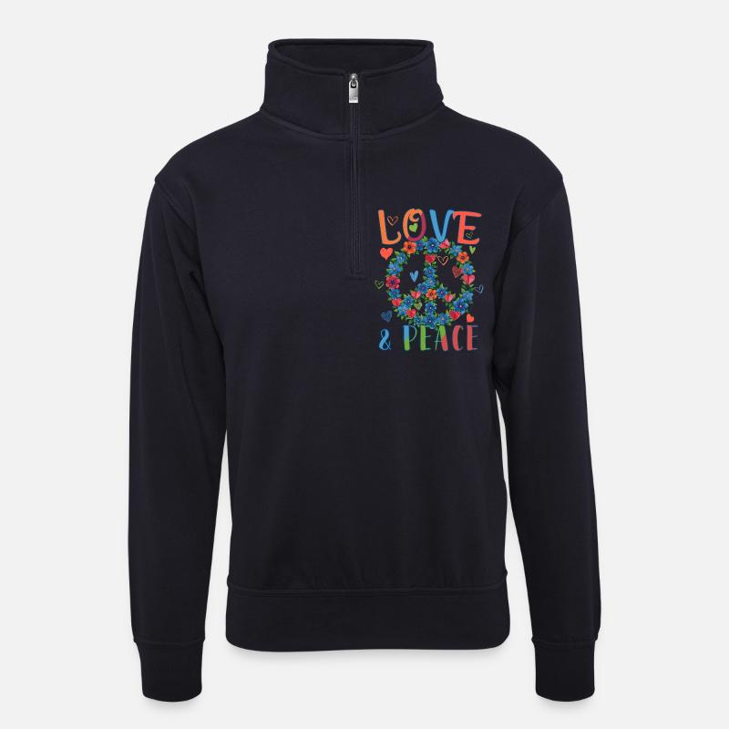 Love & Peace Blumen-Power Design - Unisex Pullover mit Zip-Kragen - Dunkelnavy