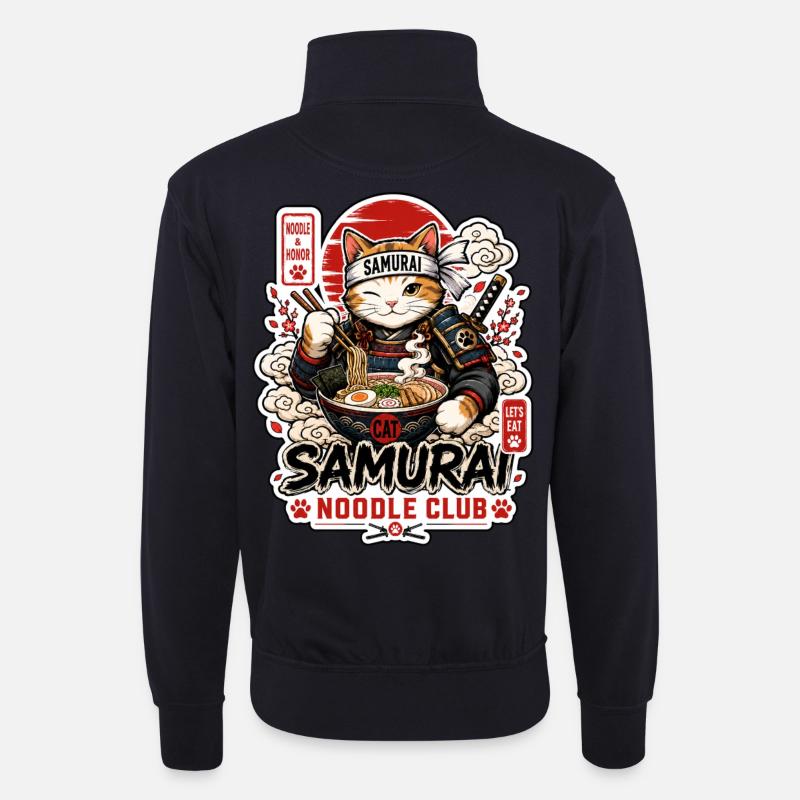 Samurai Cat Noodle Club - Unisex Pullover mit Zip-Kragen - Dunkelnavy