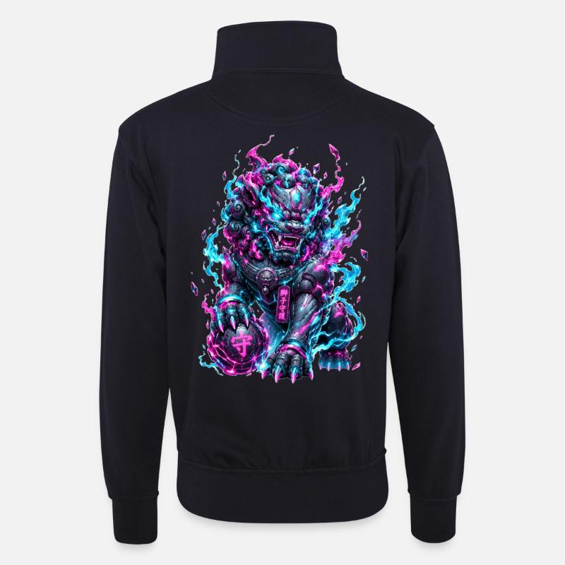 Neon Cyber Foo Dog Wächter - Unisex Pullover mit Zip-Kragen - Dunkelnavy