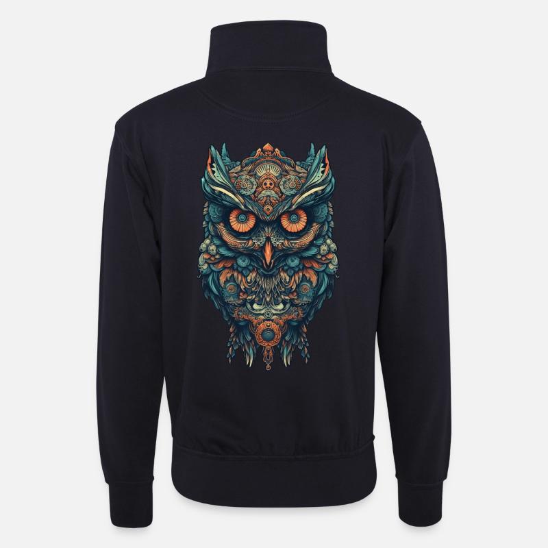 Mythical boho owl with surreal patterns - Unisex sweater with zip collar - dark navy