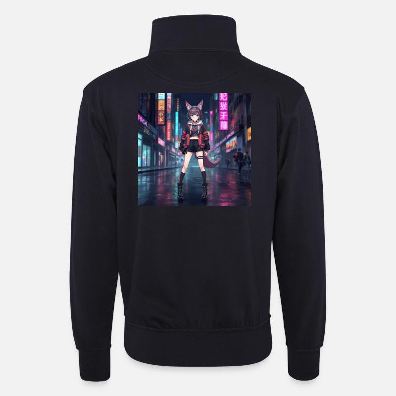 Nachtfuchs im Neonviertel - Unisex Pullover mit Zip-Kragen - Dunkelnavy