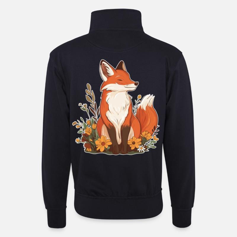 Fuchs mit Blumen - Unisex Pullover mit Zip-Kragen - Dunkelnavy