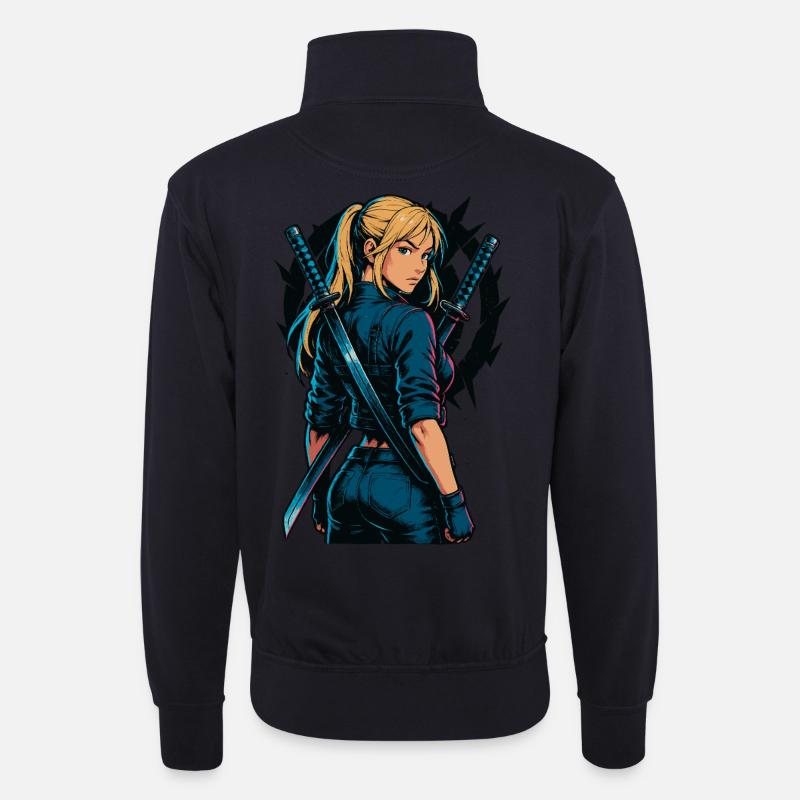 Kämpferin Samurai Zweikatanas Motiv - Unisex Pullover mit Zip-Kragen - Dunkelnavy
