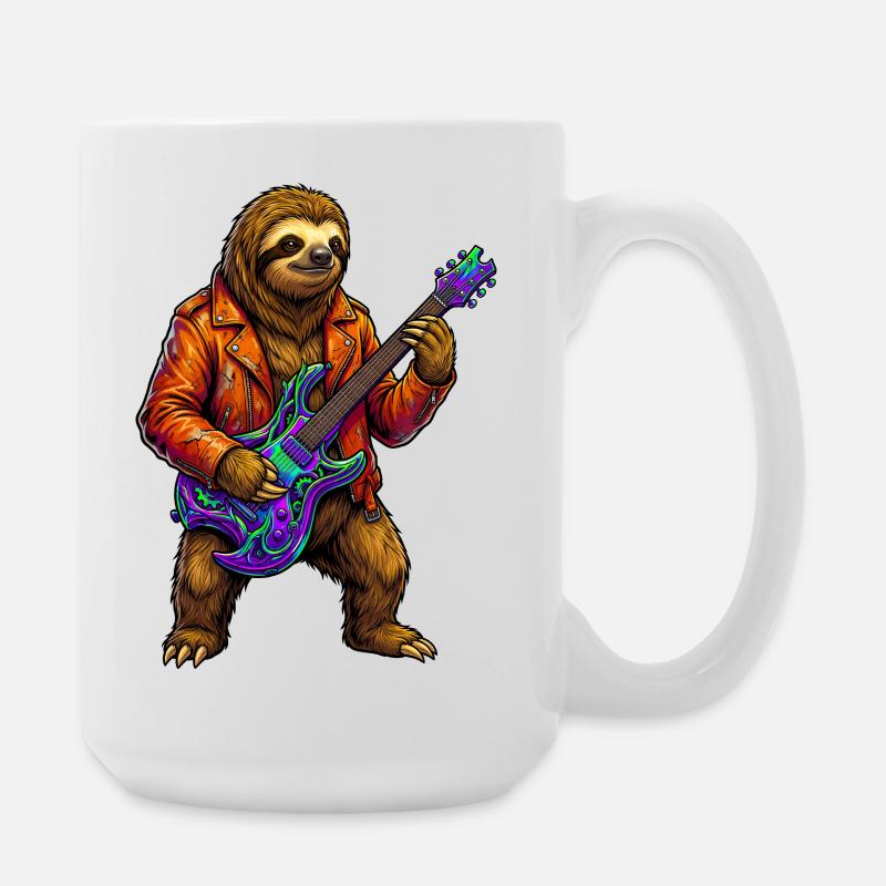 Faultier in Lederjacke mit Neon E-Gitarre - Große Tasse 440 ml - Weiß