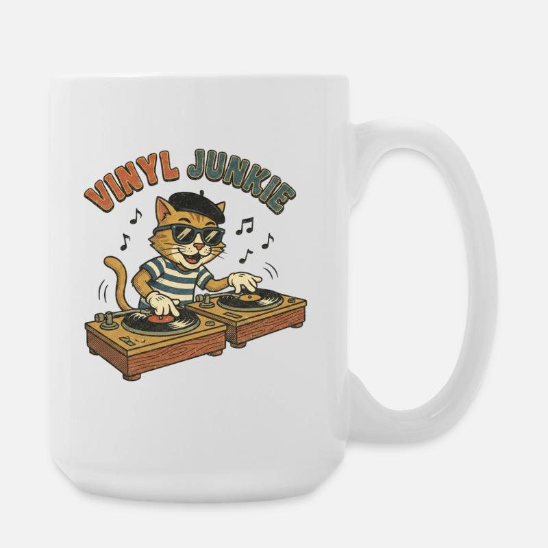 Vinyl Junkie – Retro Comic DJ Katze Vintage - Große Tasse 440 ml - Weiß