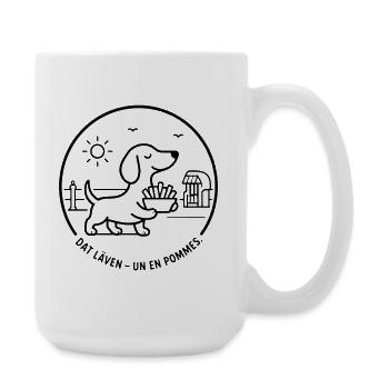 Dackel dat Läven un een Pommes - Große Tasse 440 ml - Weiß - Rechts
