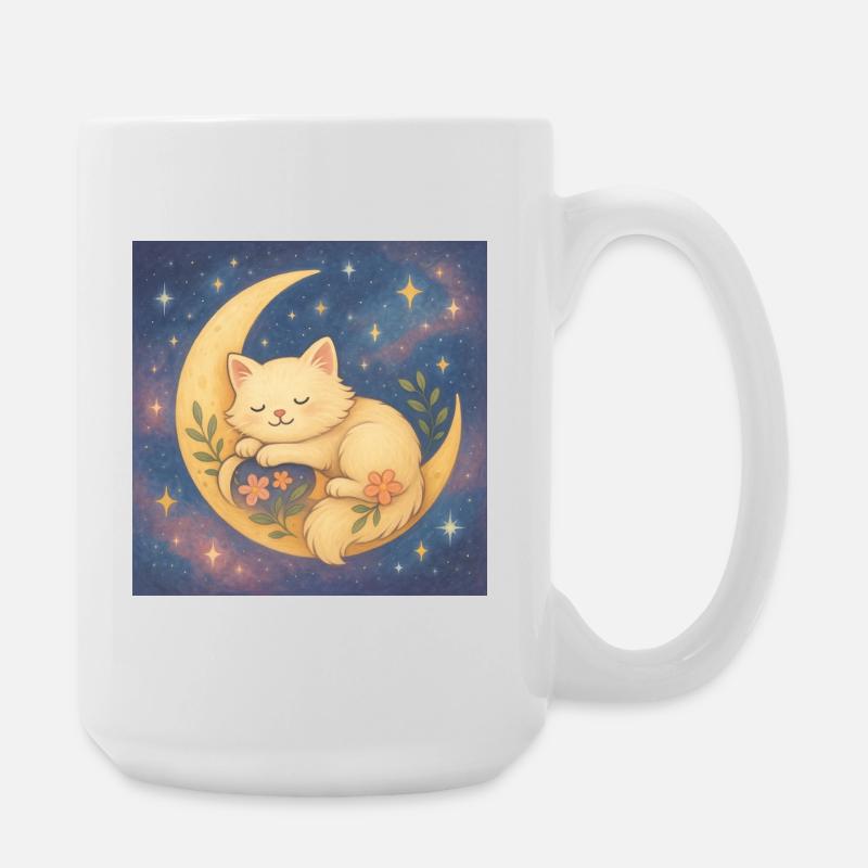Sleeping cat on moon in starry sky - Large Mug 440 ml - white