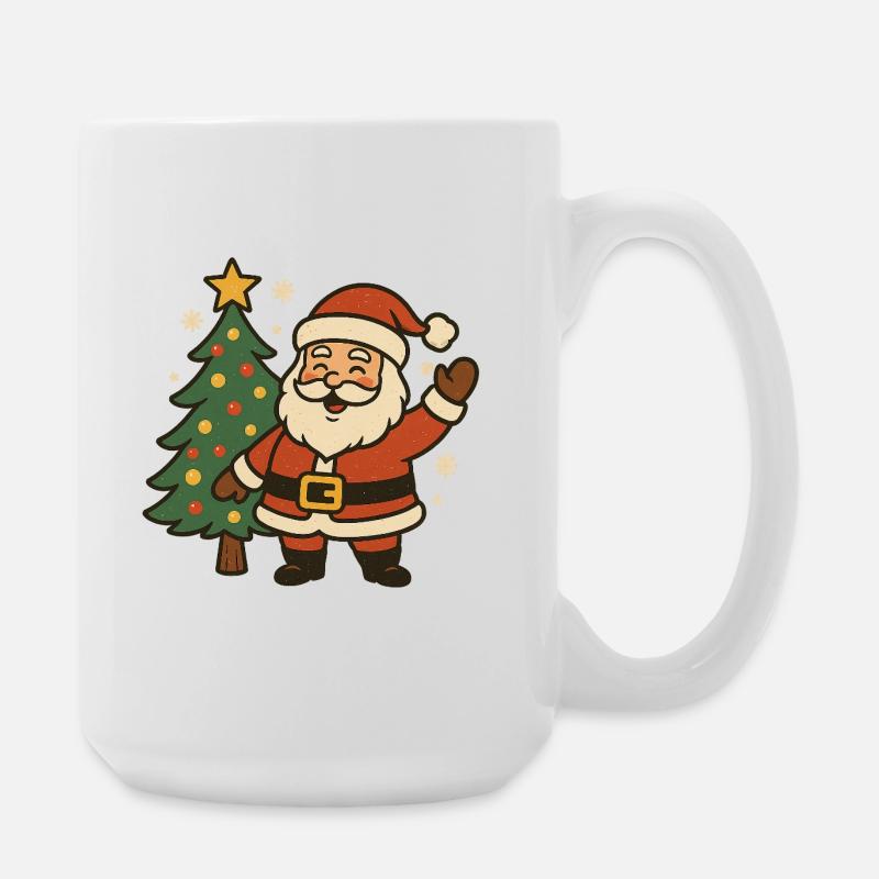 Fröhlicher Weihnachtsmann neben Baum - Große Tasse 440 ml - Weiß