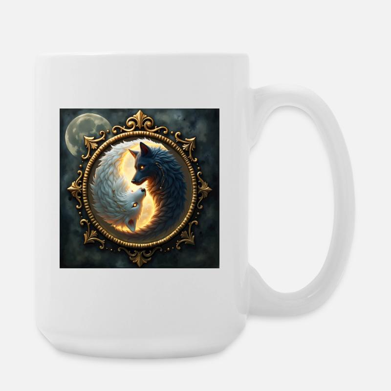 Moon Wolves: Yin Yang in Golden Frame - Large Mug 440 ml - white