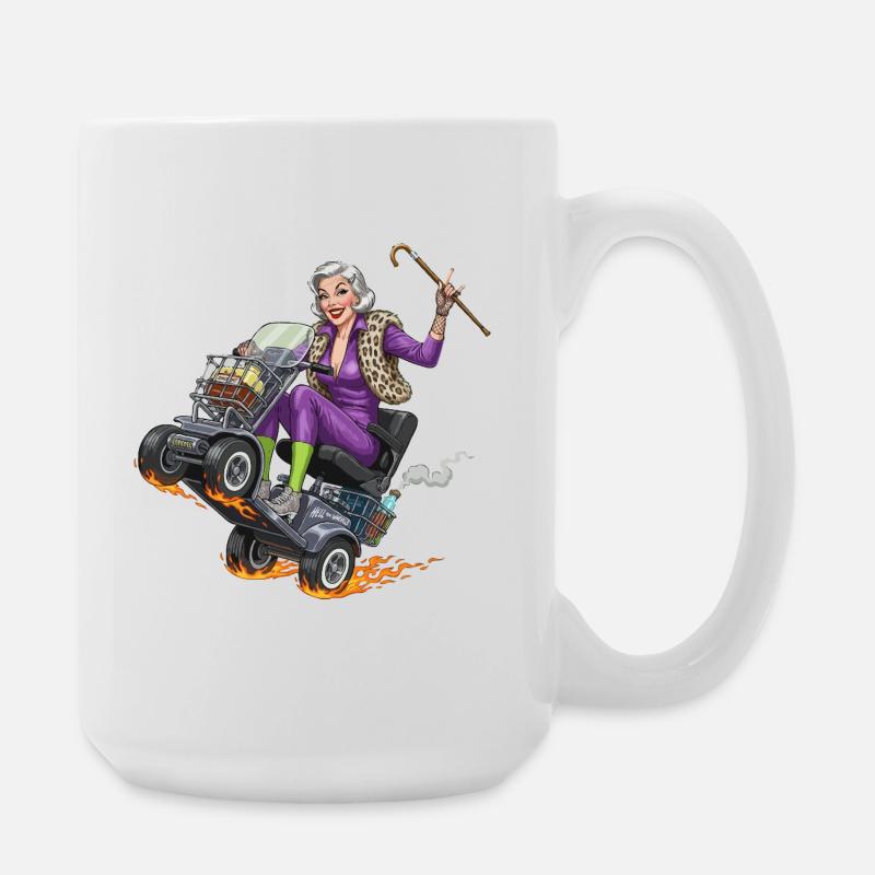 Granny purple on racing mobility scooter - Large Mug 440 ml - white