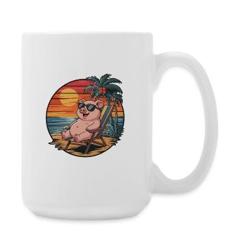 Lustiges Schwein am Strand, Sommerurlaub Sonnenuntergang - Große Tasse 440 ml - Weiß - Rechts