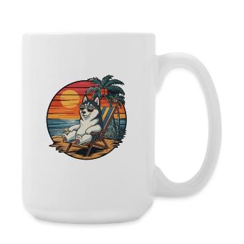 Lustiger Husky-Hund am Strand, Sommerurlaub Sonnenuntergang - Große Tasse 440 ml - Weiß - Rechts