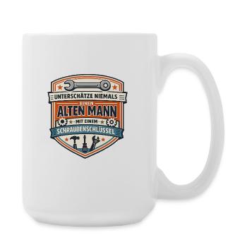 Alter Mann mit Schraubenschlüssel Badge - Große Tasse 440 ml - Weiß - Rechts