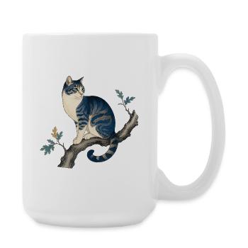 Blue Cat on Artistic Branch - vintage deco - Large Mug 440 ml - white - Right