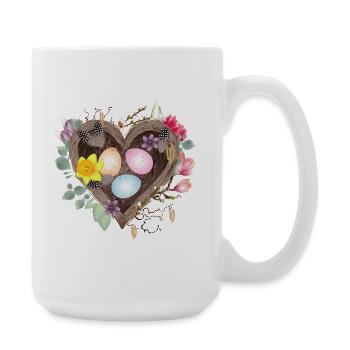 Herzförmiges Nest mit bunten Ostereiern - Große Tasse 440 ml - Weiß - Rechts