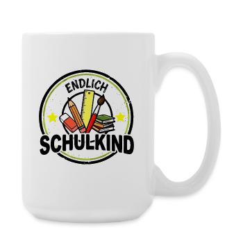 Endlich Schulkind - Schulmotiv Emblem Vintage - Große Tasse 440 ml - Weiß - Rechts
