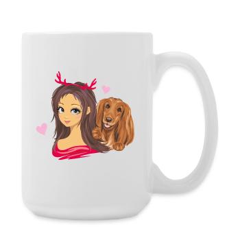 Cute girl in red horns with her friend the dog - Large Mug 440 ml - white - Right