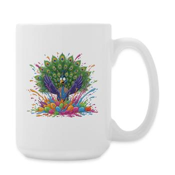 Pfau mit Farbschleuder-Panorama - Große Tasse 440 ml - Weiß - Rechts
