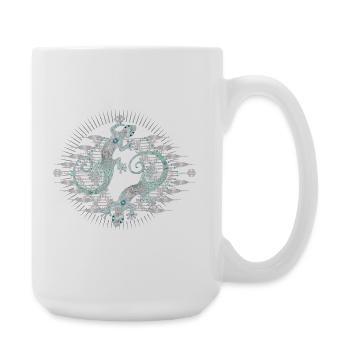 Zwei kunstvolle Geckos im silbernen Ornamentkreis - Große Tasse 440 ml - Weiß - Rechts